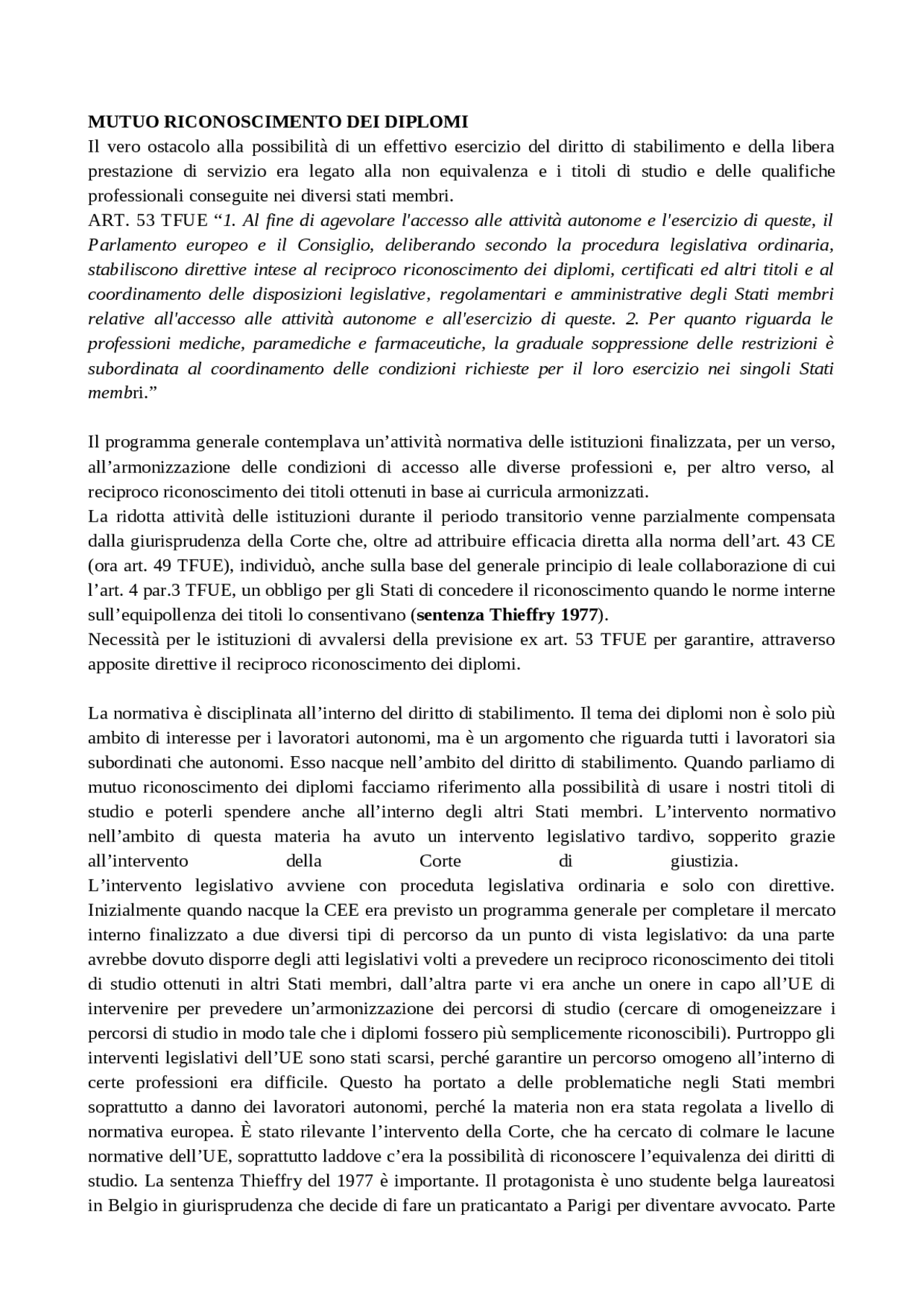 Il mutuo riconoscimento del diplomi Appunti di Diritto dell'Unione