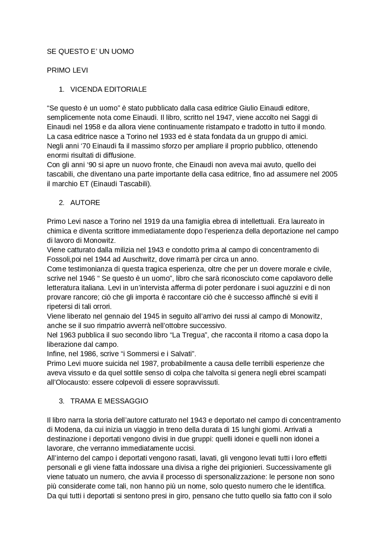 SCHEDA LIBRO SE QUESTO E' UN UOMO Docsity SCHEDA LIBRO SE QUESTO E' UN UOMO Docsity