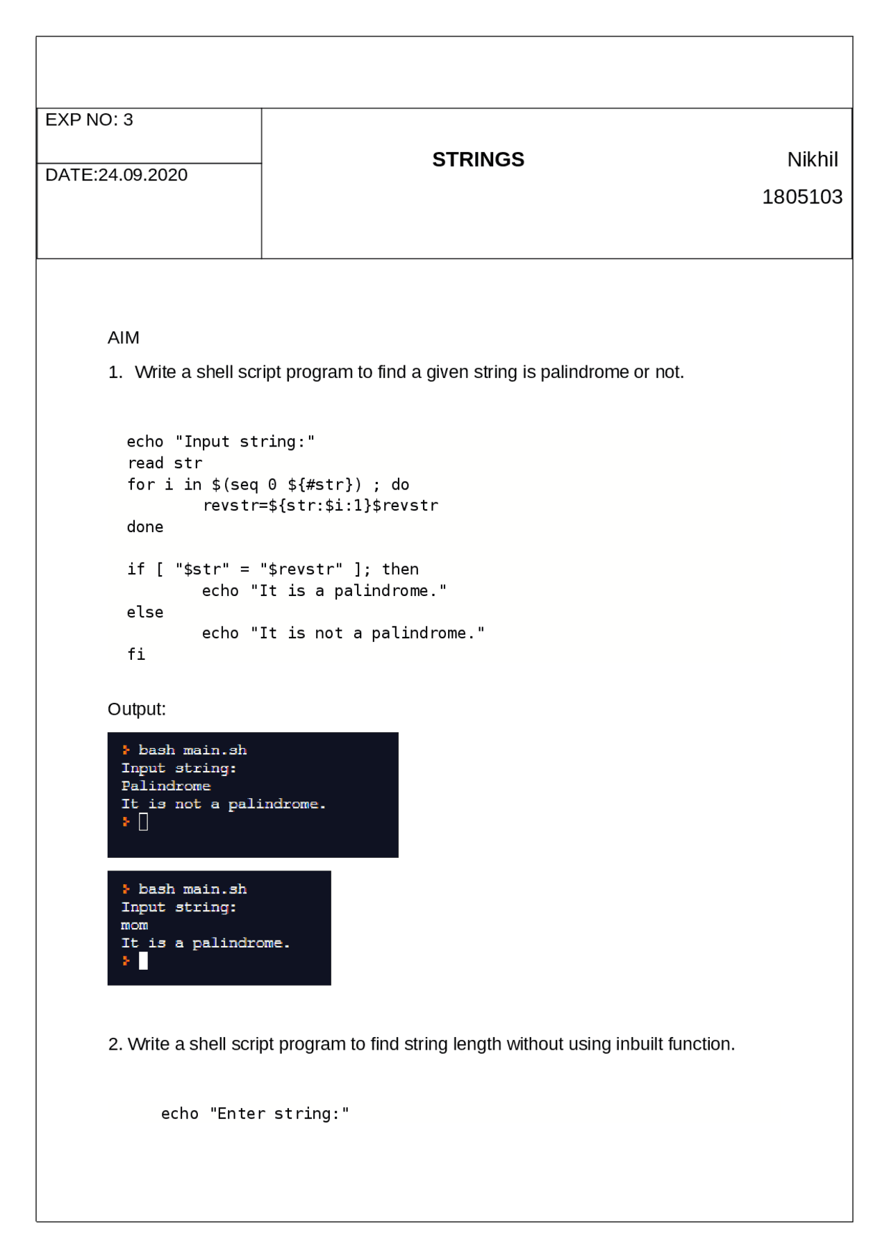 Shell Script Programs to Find Palindrome and String Length | Exercises ...