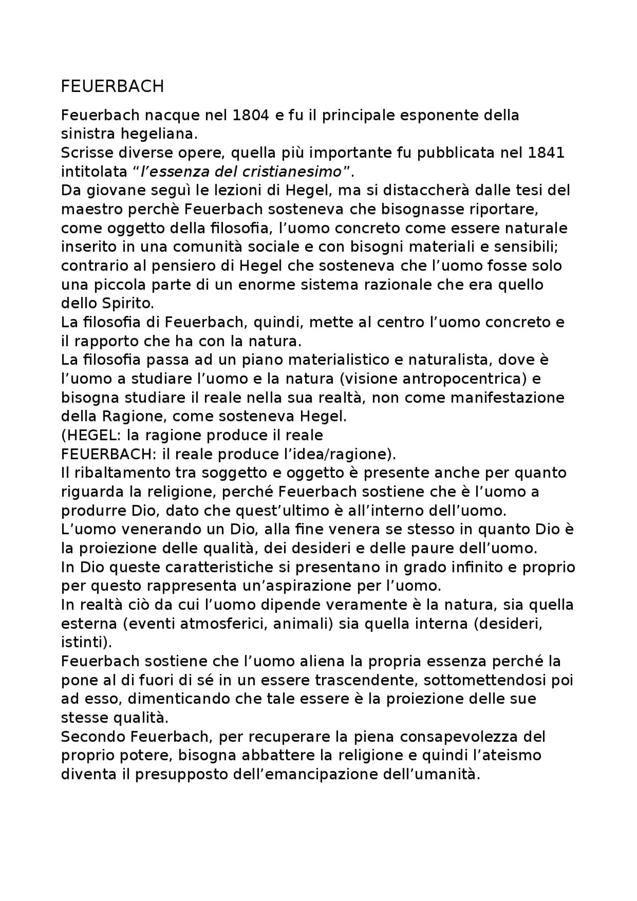 RIASSUNTI SU FEUERBACH Docsity