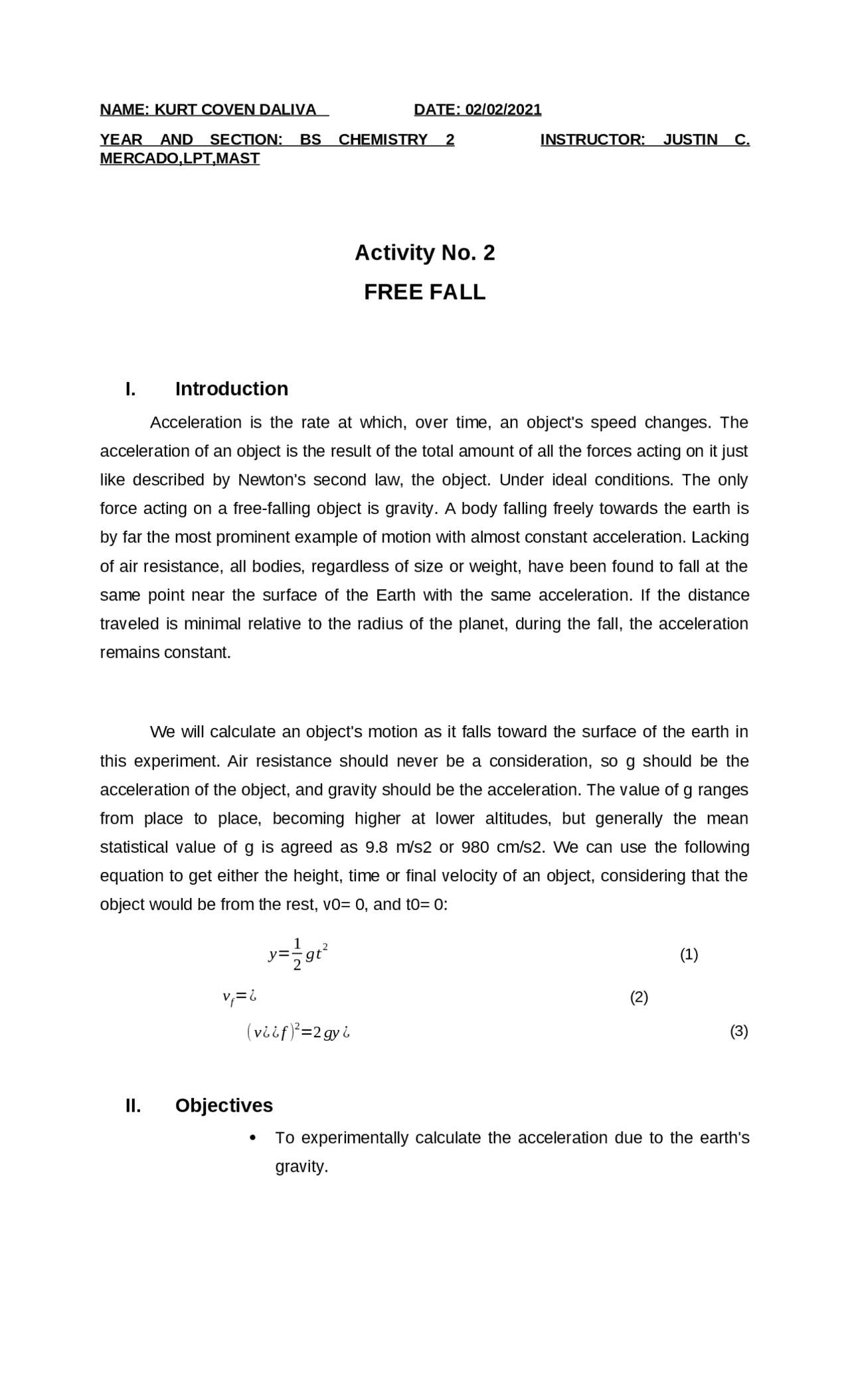 Lab report in Physics, Free Fall | Lab Reports Physics | Docsity