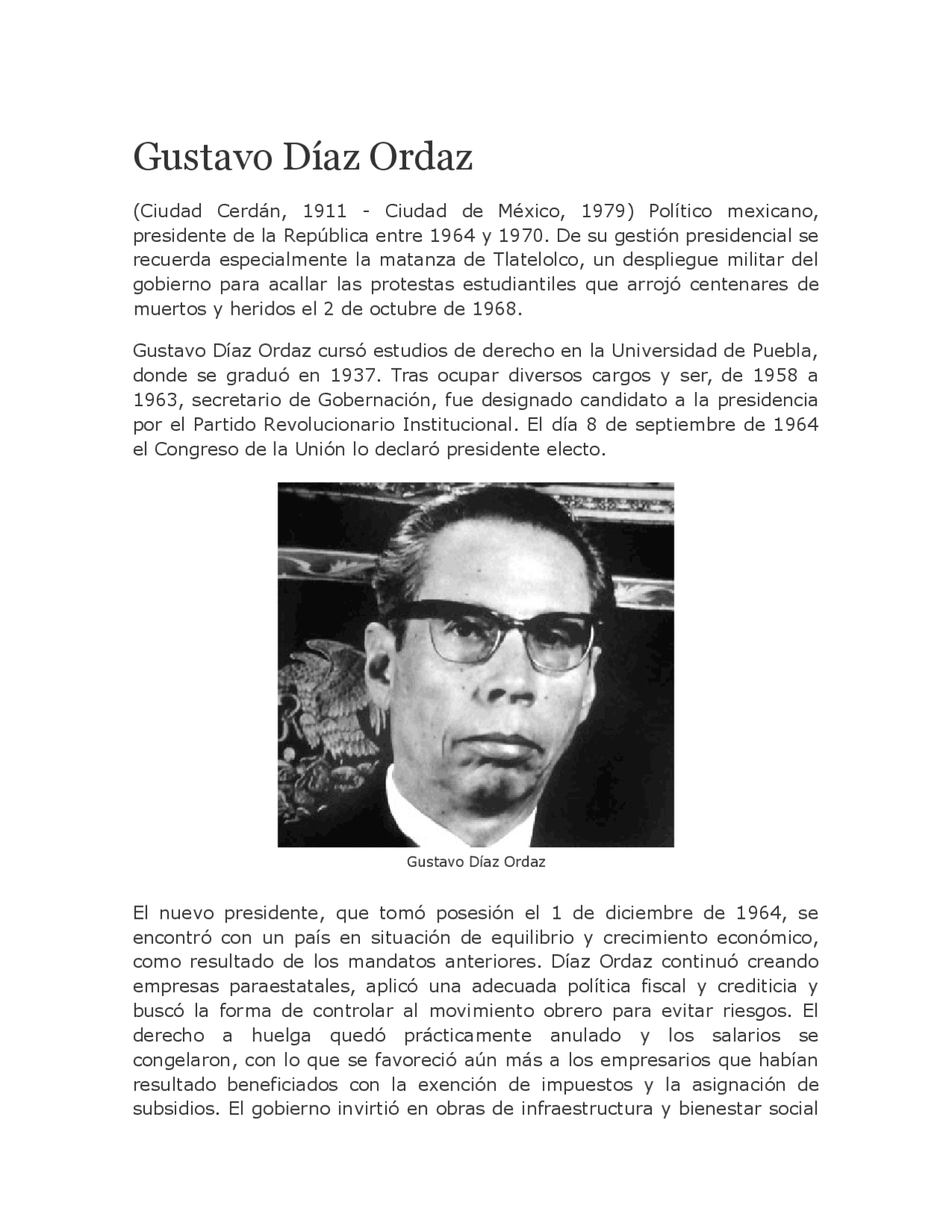 Presidente Gustavo Diaz Ordaz - Docsity