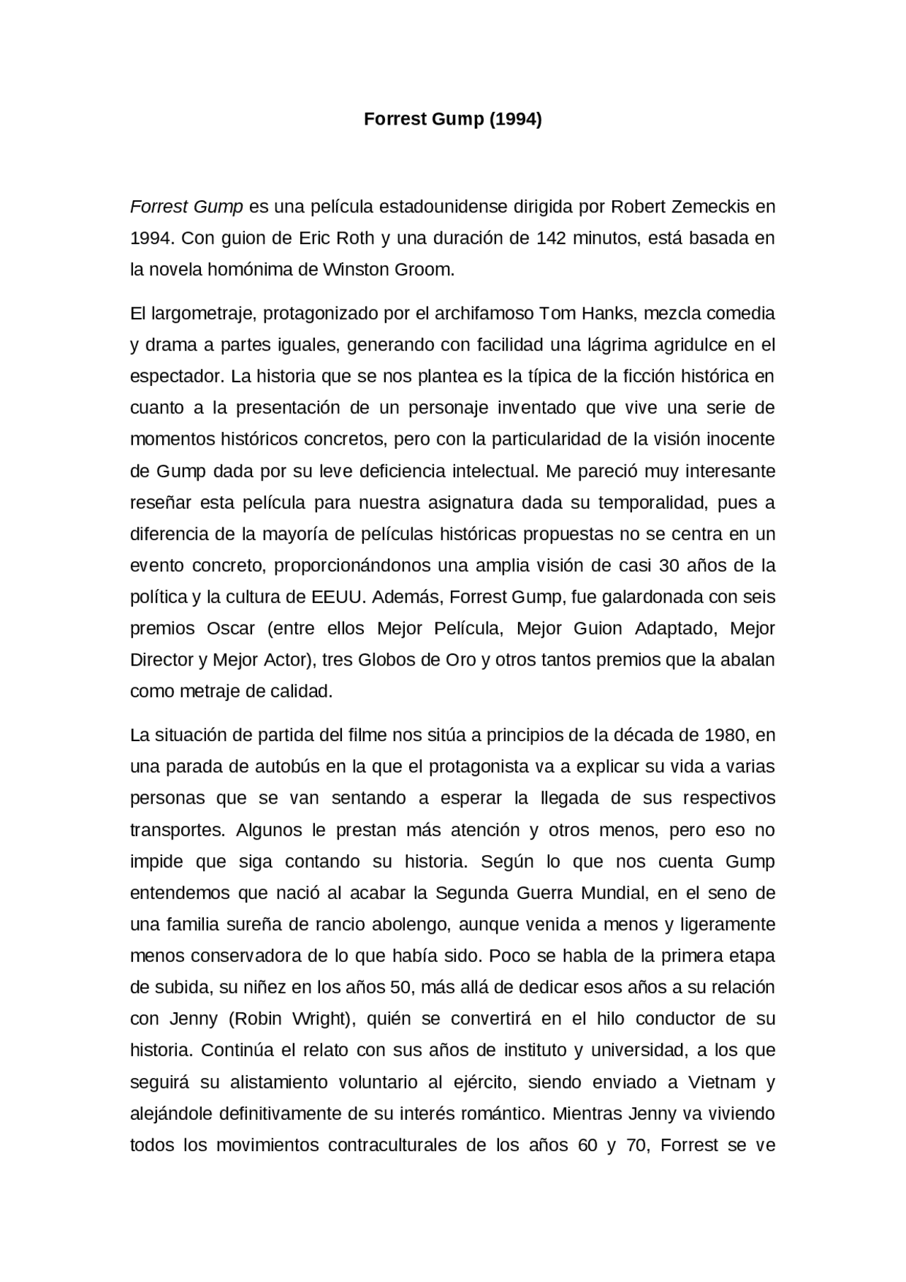Resena De Forrest Gump Docsity
