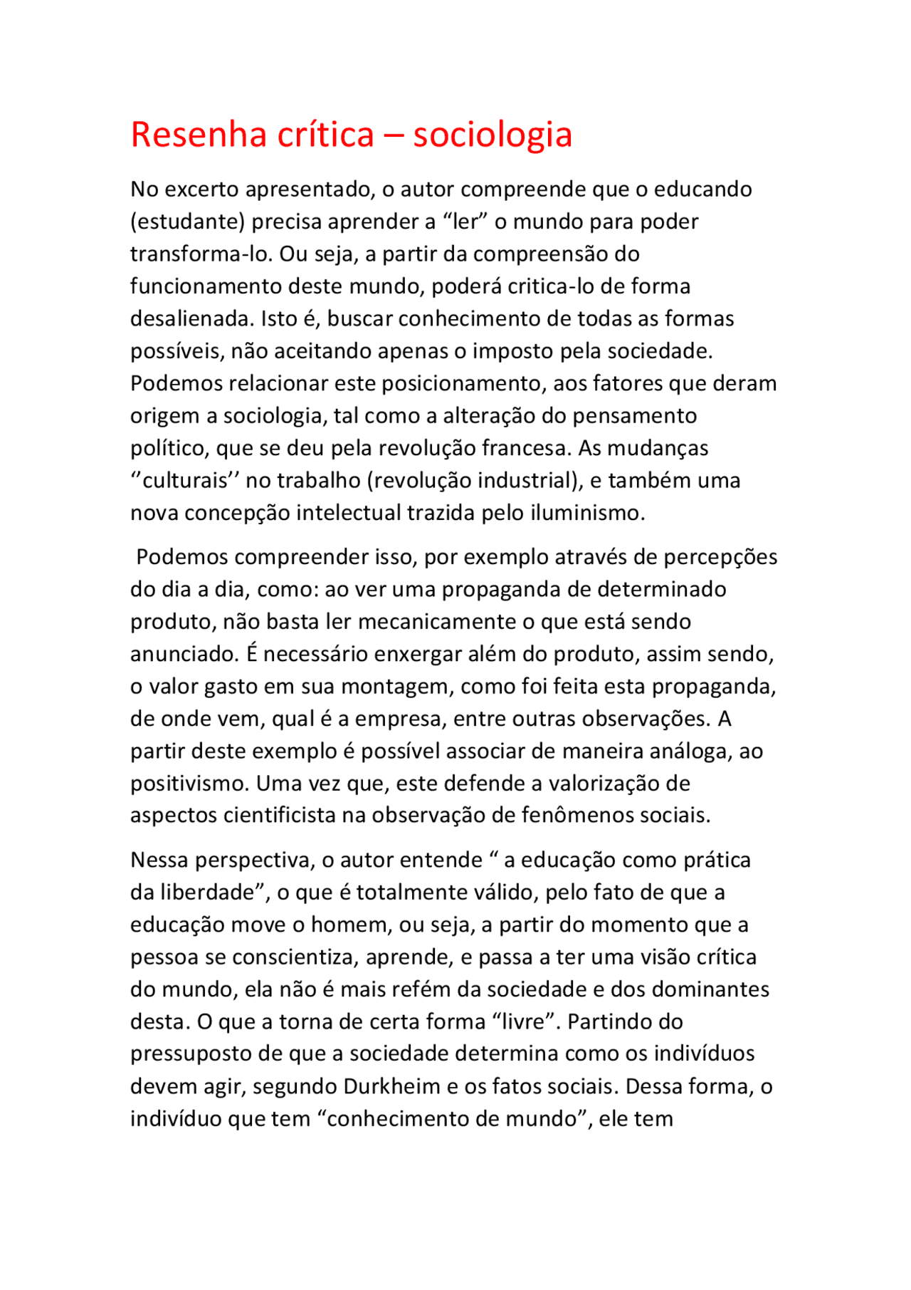 Resenha crítica de sociologia | Redação Sociologia | Docsity