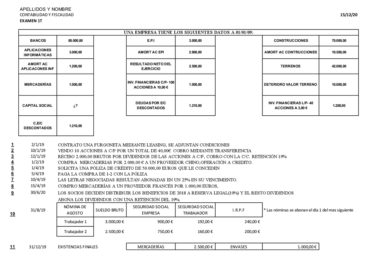Contabilidad examen primer trimestre | Exámenes de Contabilidad | Docsity