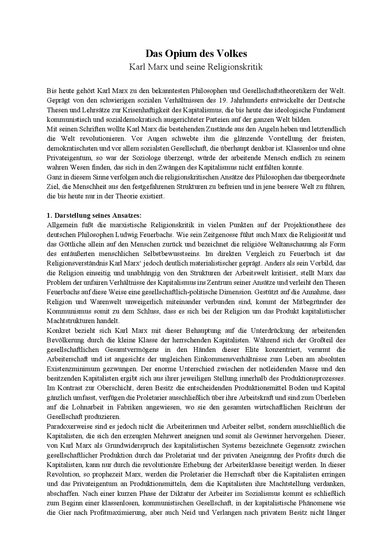 Religion Opium Des Volkes Das Opium des Volkes - Karl Marx und seine Religionskritik - Docsity