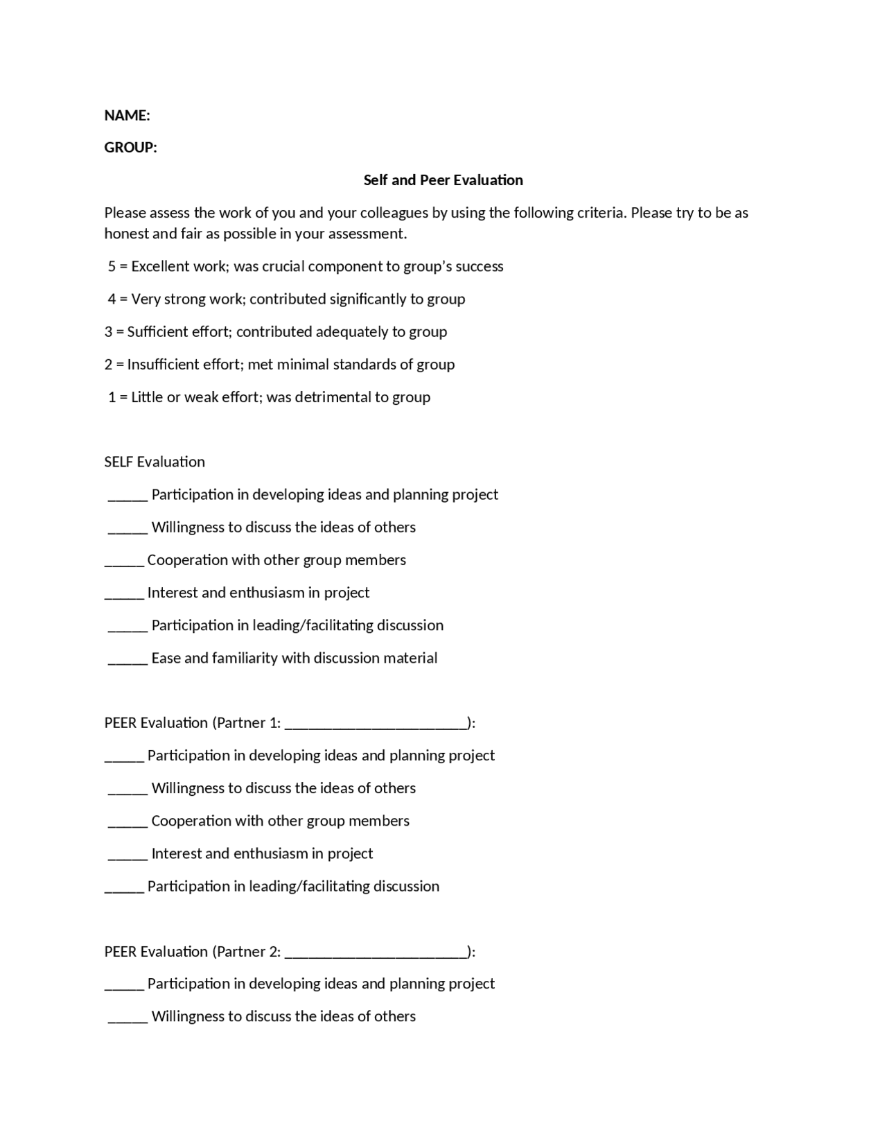 Self And Peer Evaluation Rubric Exercises English Language Docsity