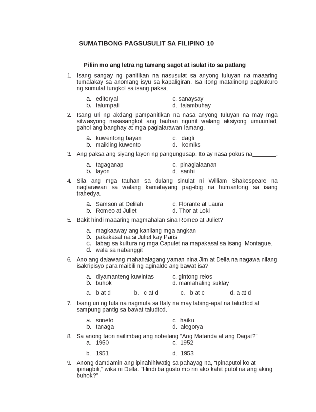 Sumatibong pagsusulit sa filipino | Exams English - Docsity