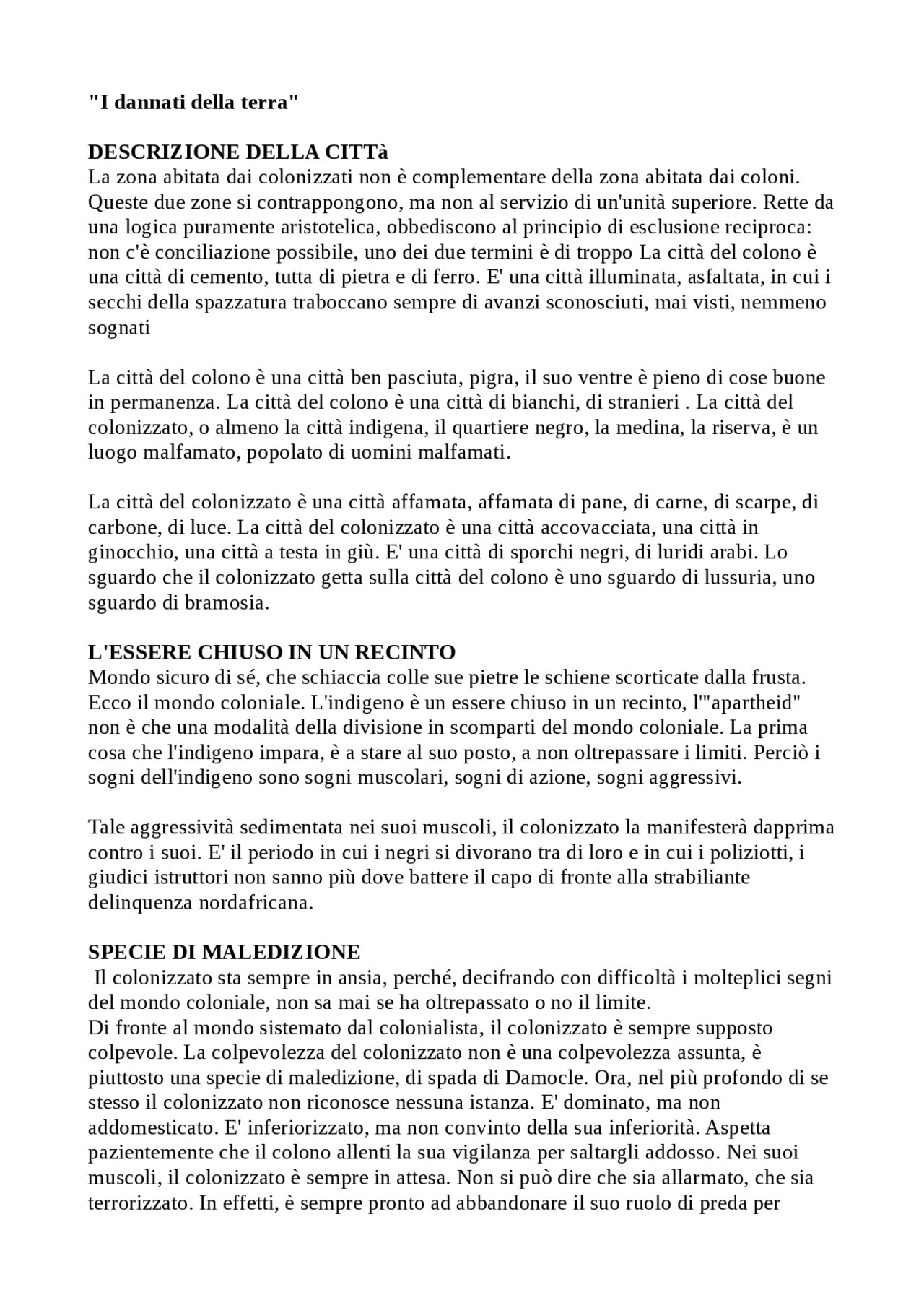 I dannati della terra, Franz Fanon. Docsity