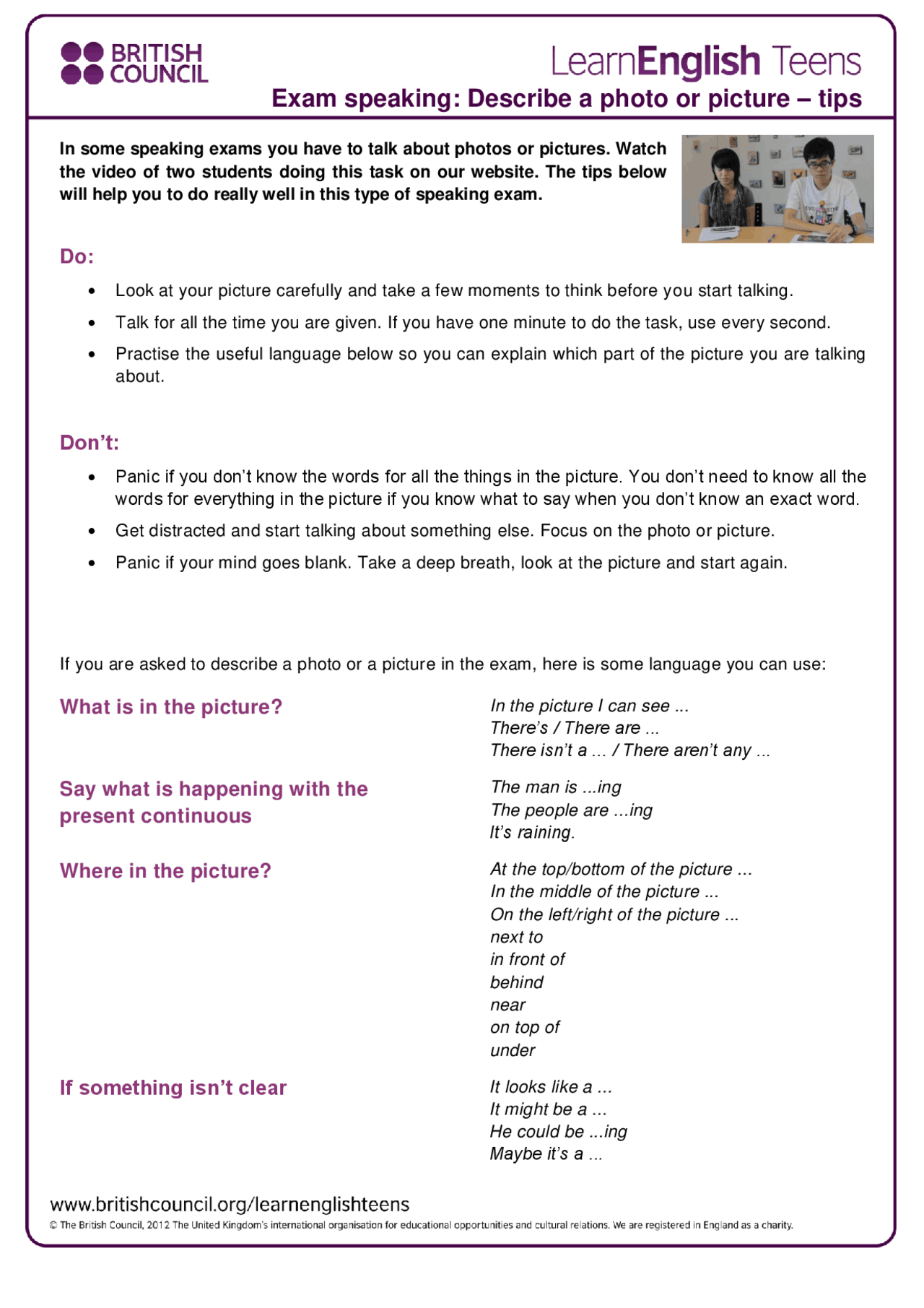 Describe a picture in english for bachillerato how to describe a