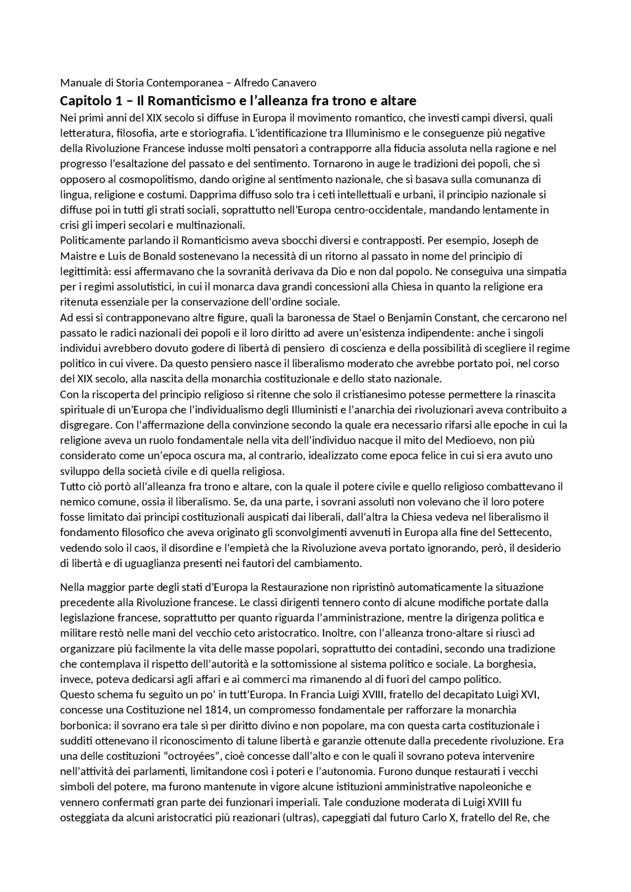 Riassunto "Storia contemporanea" di Alfredo Canavero Docsity