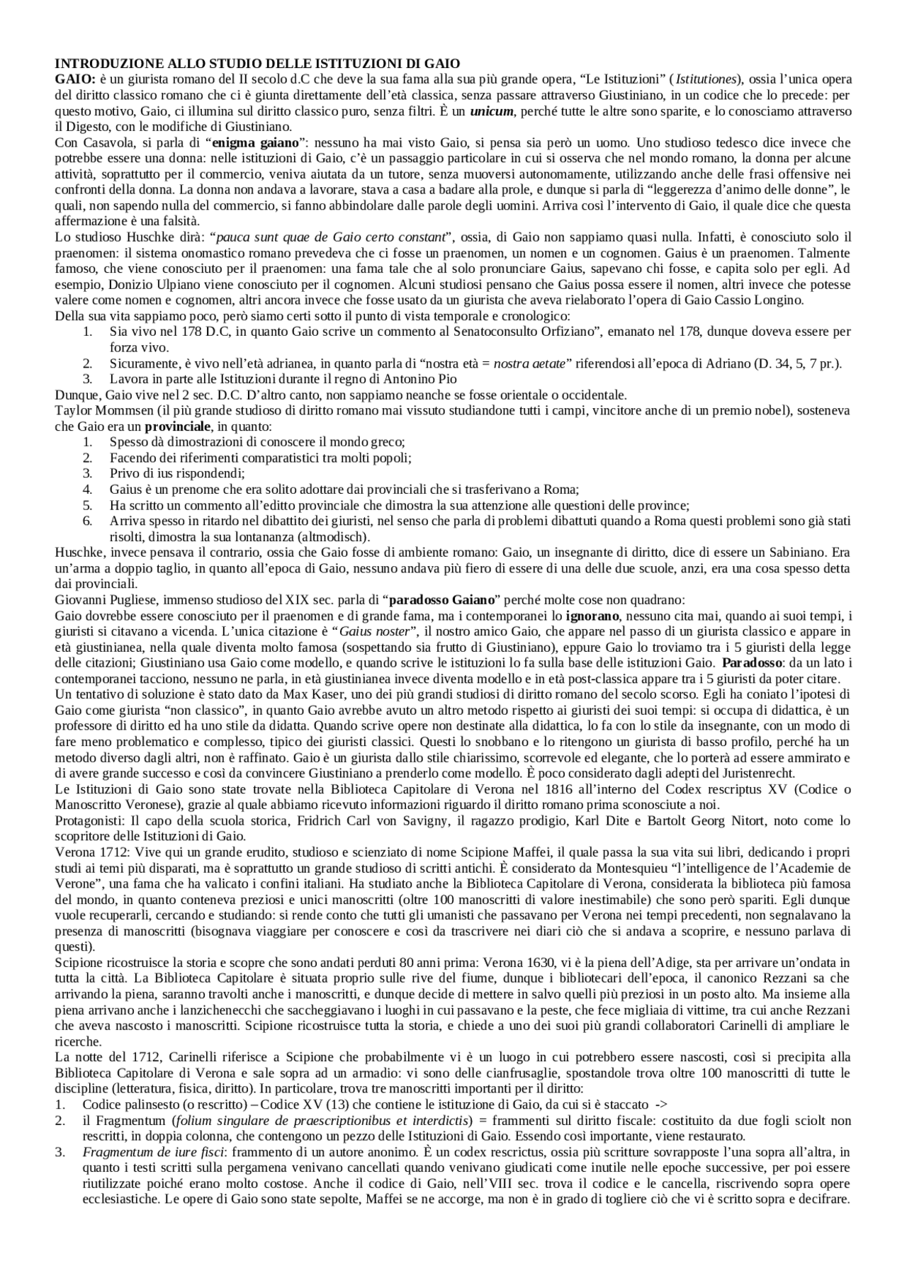 ISTITUZIONI DI GAIO riassunto Appunti di Istituzioni di Diritto