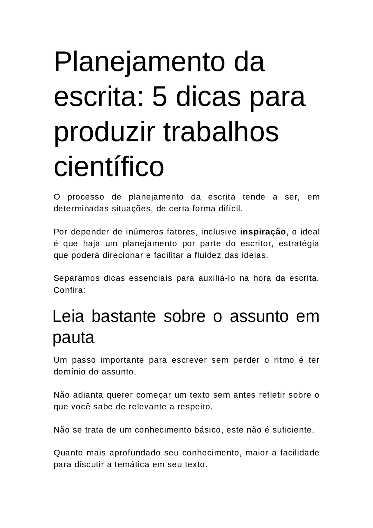 Planejamento da escrita trabalho científico - Docsity