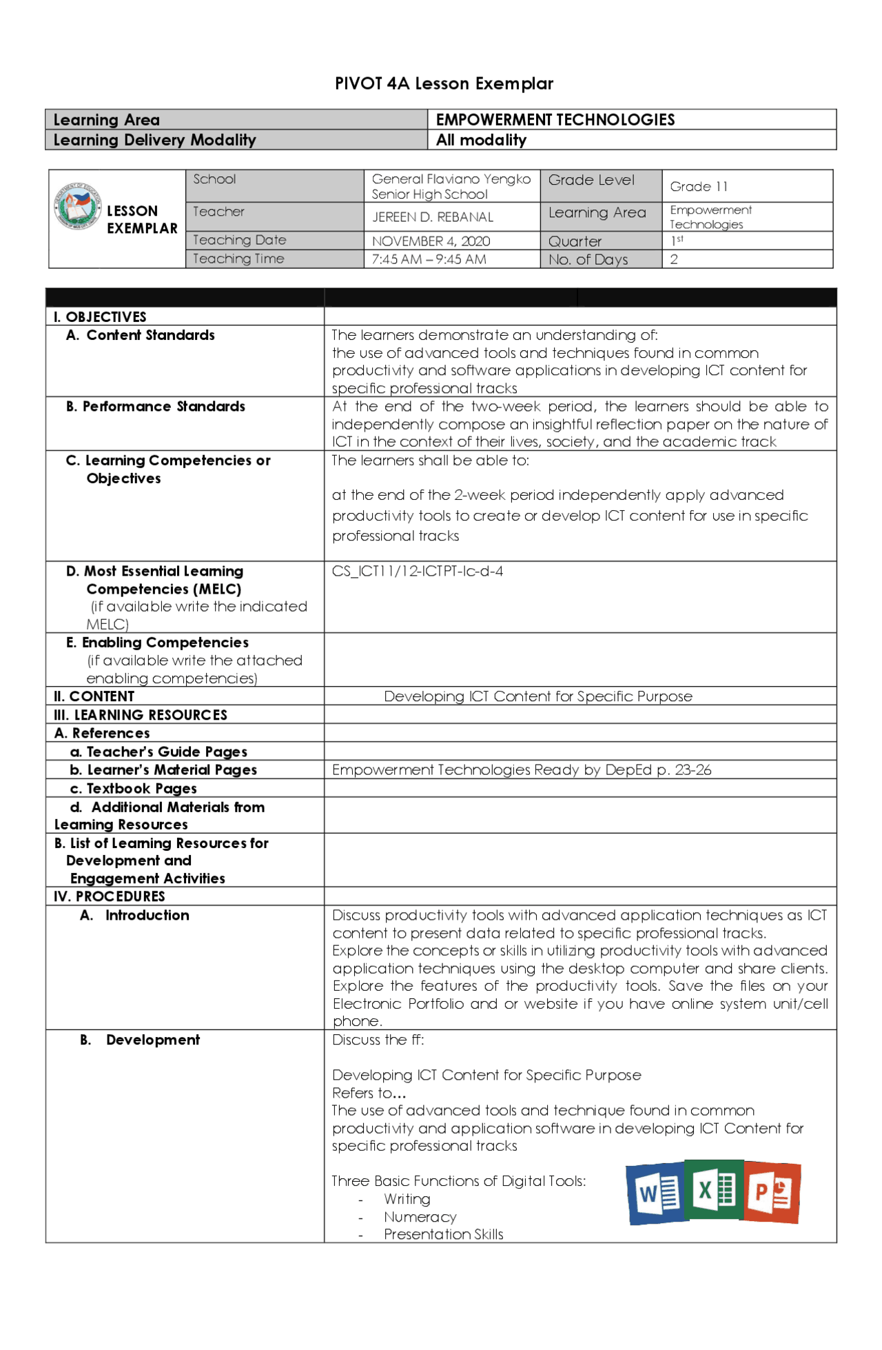 Or Tech Sample Notes Lesson Exemplar for E-tech | Lecture notes Mathematics | Docsity