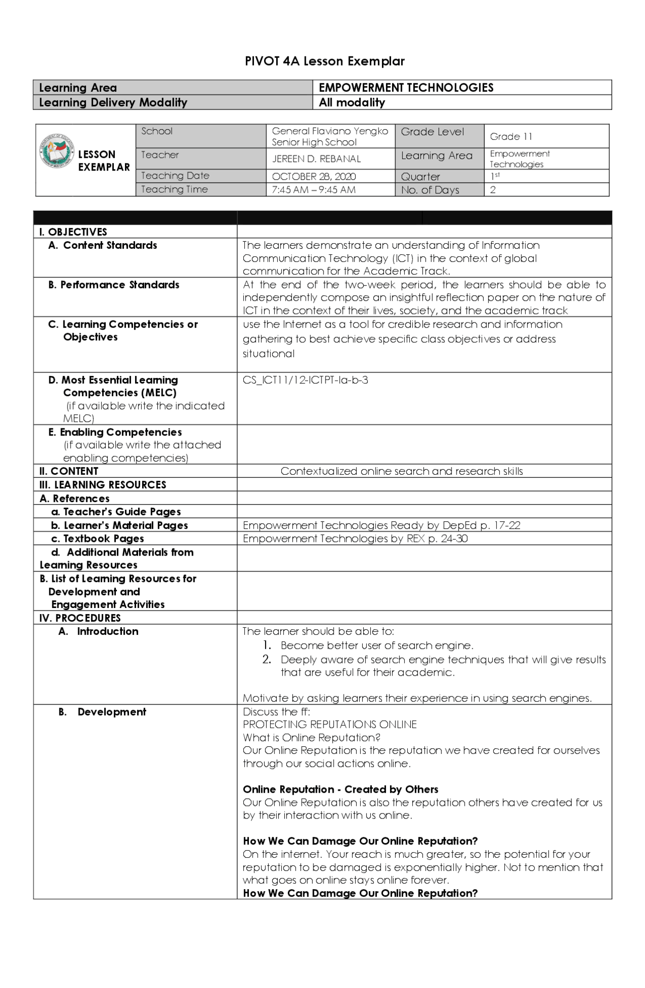 Lesson Exemplar for E-tech | Lecture notes Mathematics | Docsity