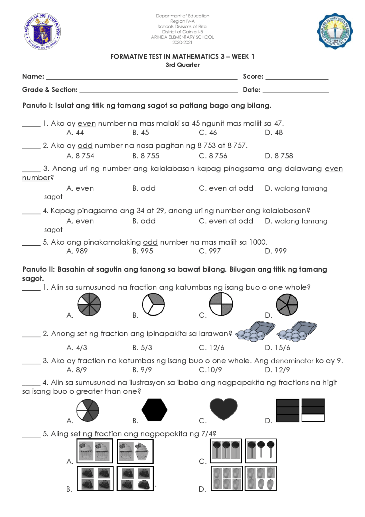 Formative Test in Math 3 for 3rd Quarter - Docsity