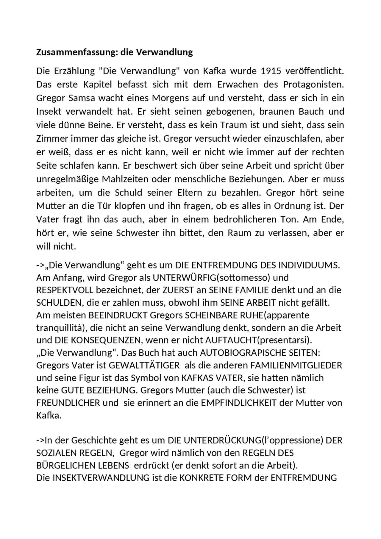 Kafka Die Verwandlung Zusammenfassung Die Verwandlung, Zusammenfassung - Docsity