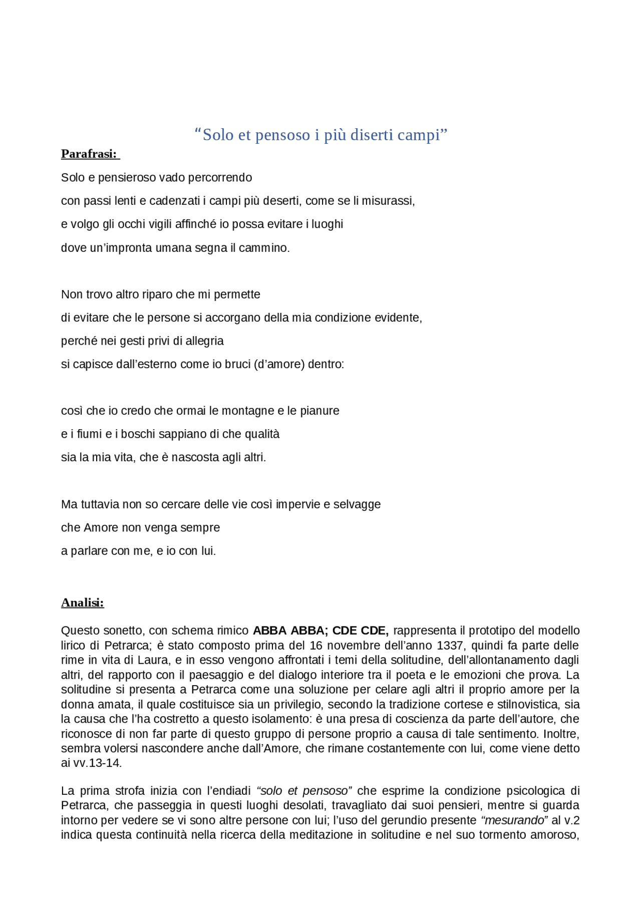 solo e pensoso i piu deserti campi