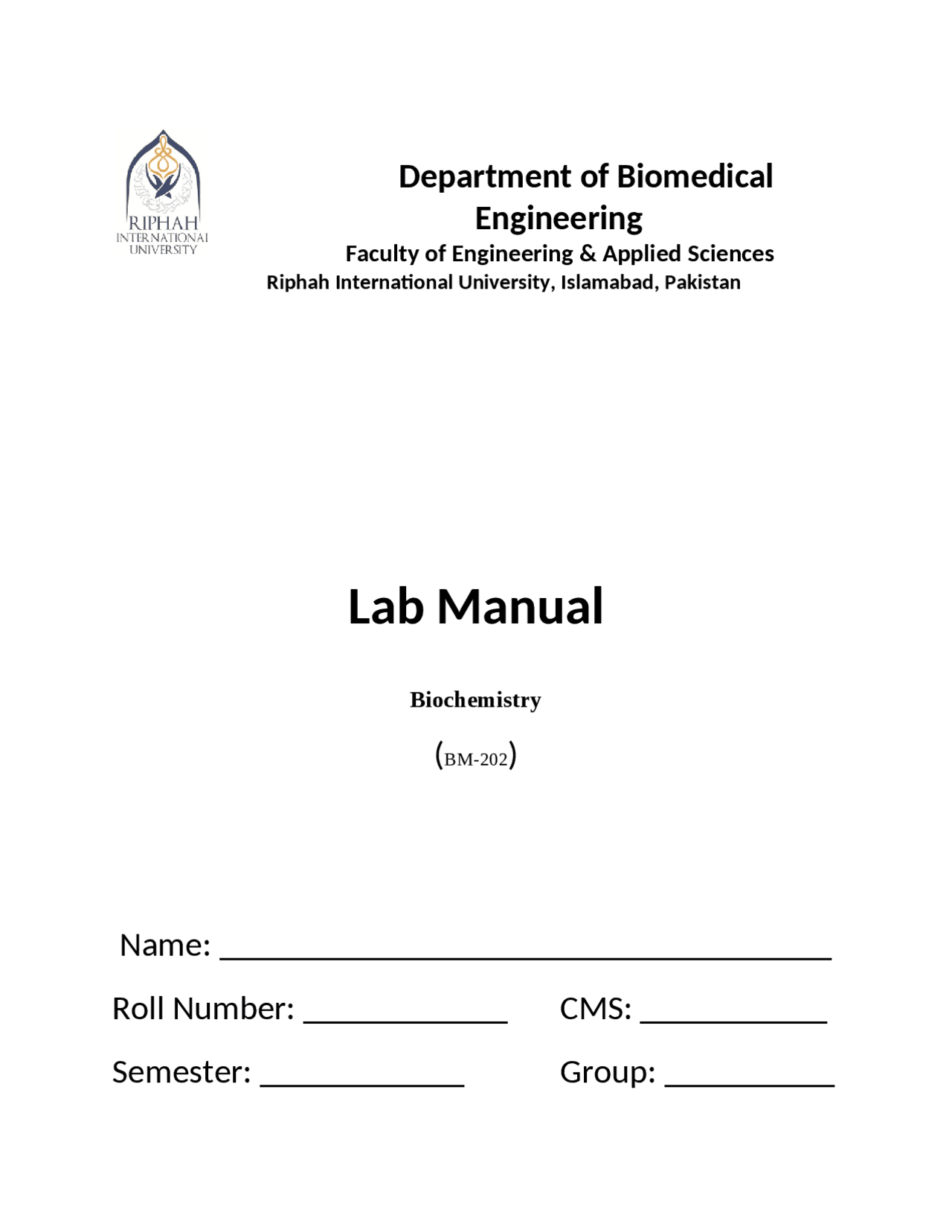 Lab Manual Biochemistry | Exams Chemical Processes | Docsity