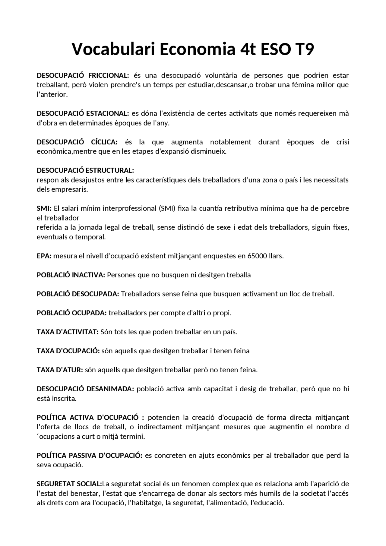 Vocabulario economía 4t ESO Tema 9 - Docsity