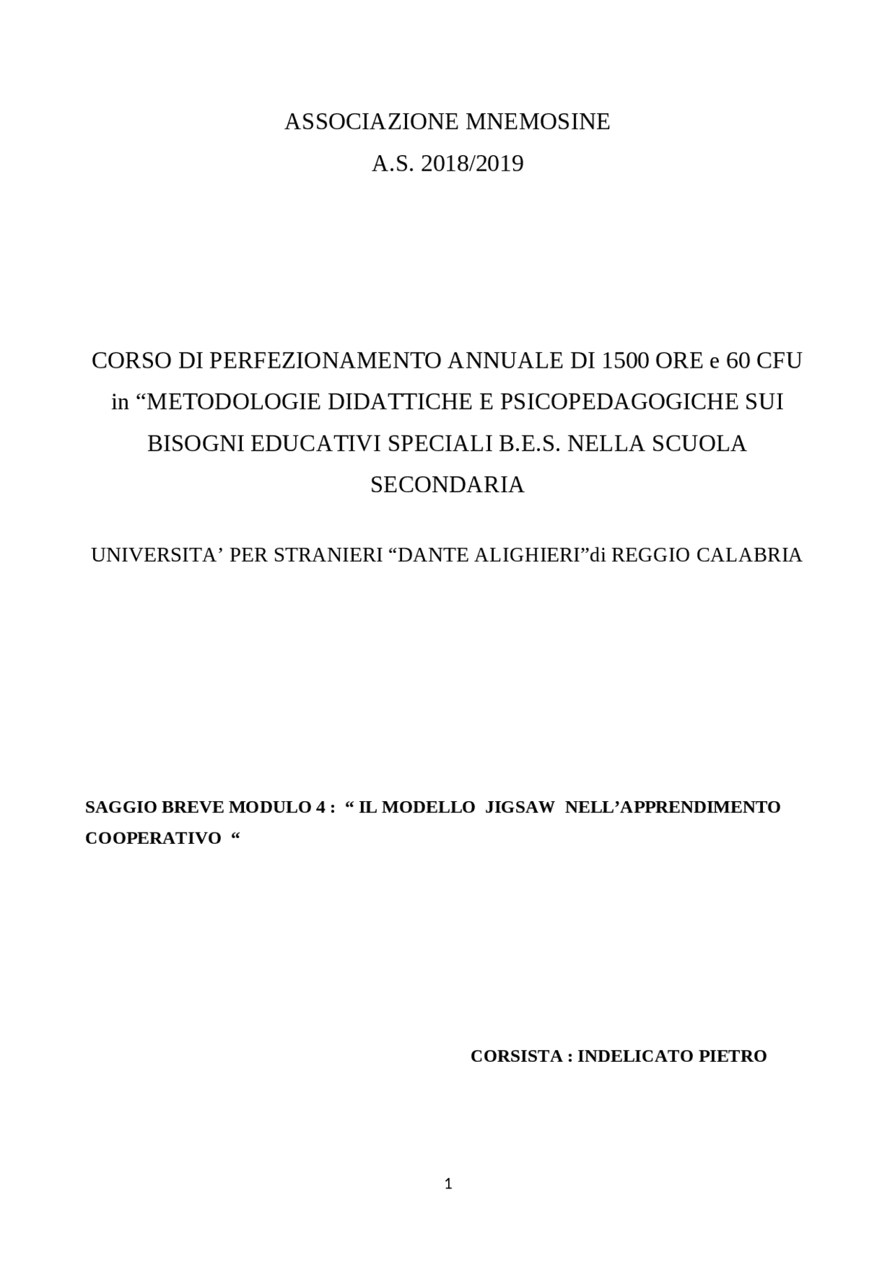 SAGGIO : “ IL MODELLO JIGSAW NELL’APPRENDIMENTO COOPERATIVO “ Corso ...