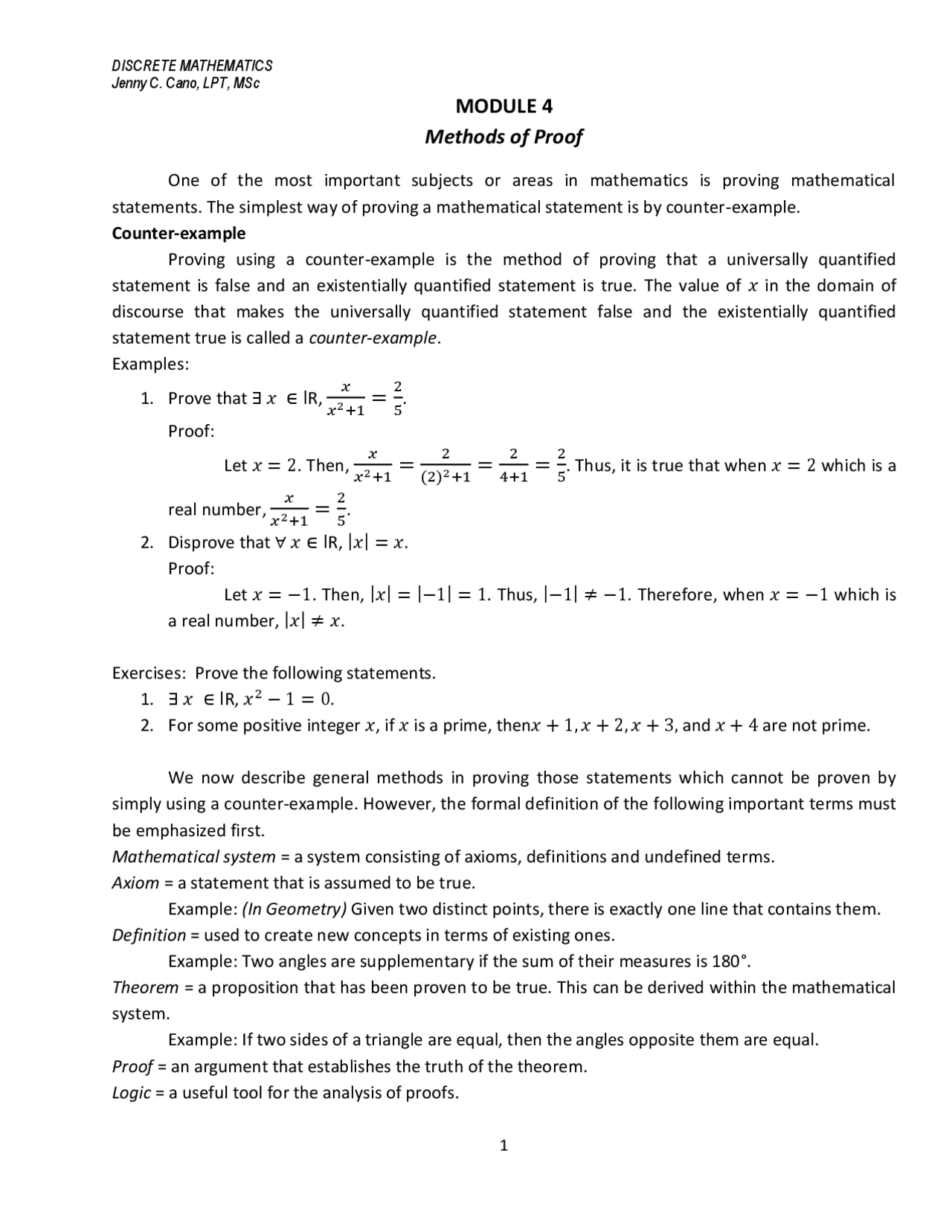MODULE 4 Methods of Proof One of the most important subje - Docsity