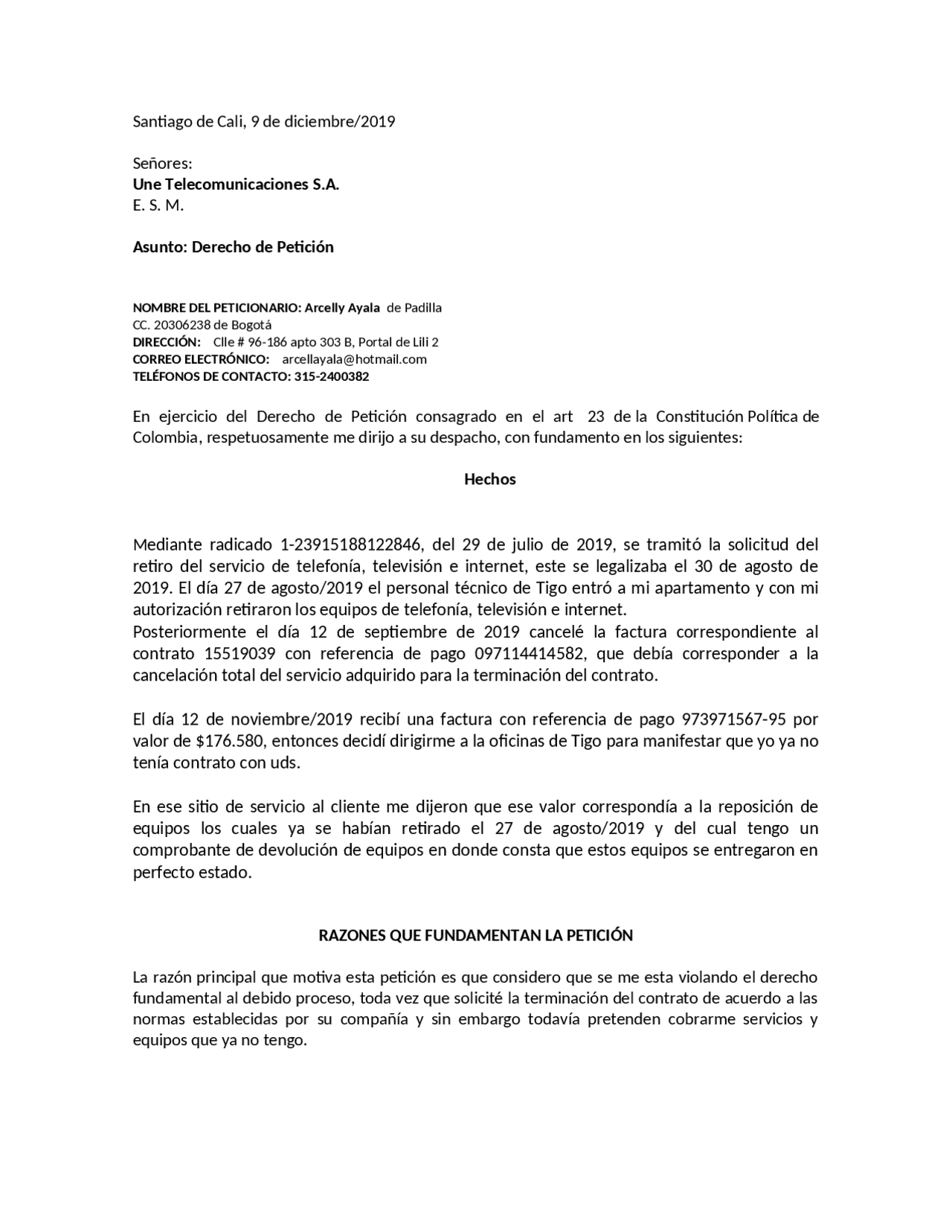 Modelo derecho de peticion Tigo | Apuntes de Derecho | Docsity