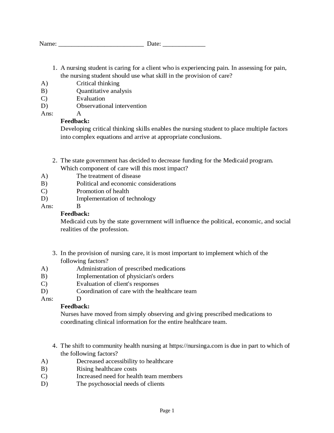 Fundamentals Chapter 1 Nursinga.com | Exams Nursing | Docsity