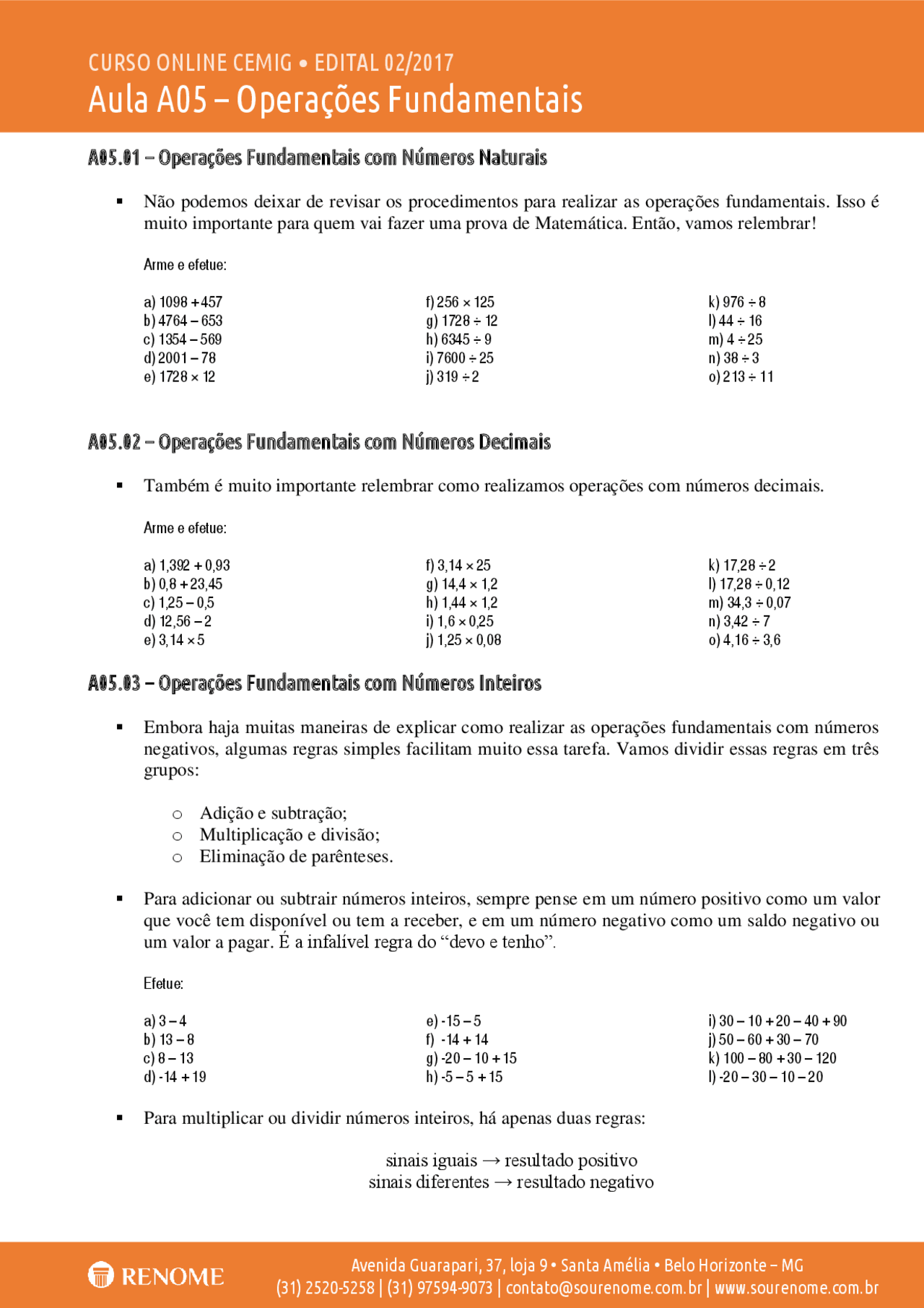 Operações fundamentais da aritmética | Notas de aula Matemática | Docsity