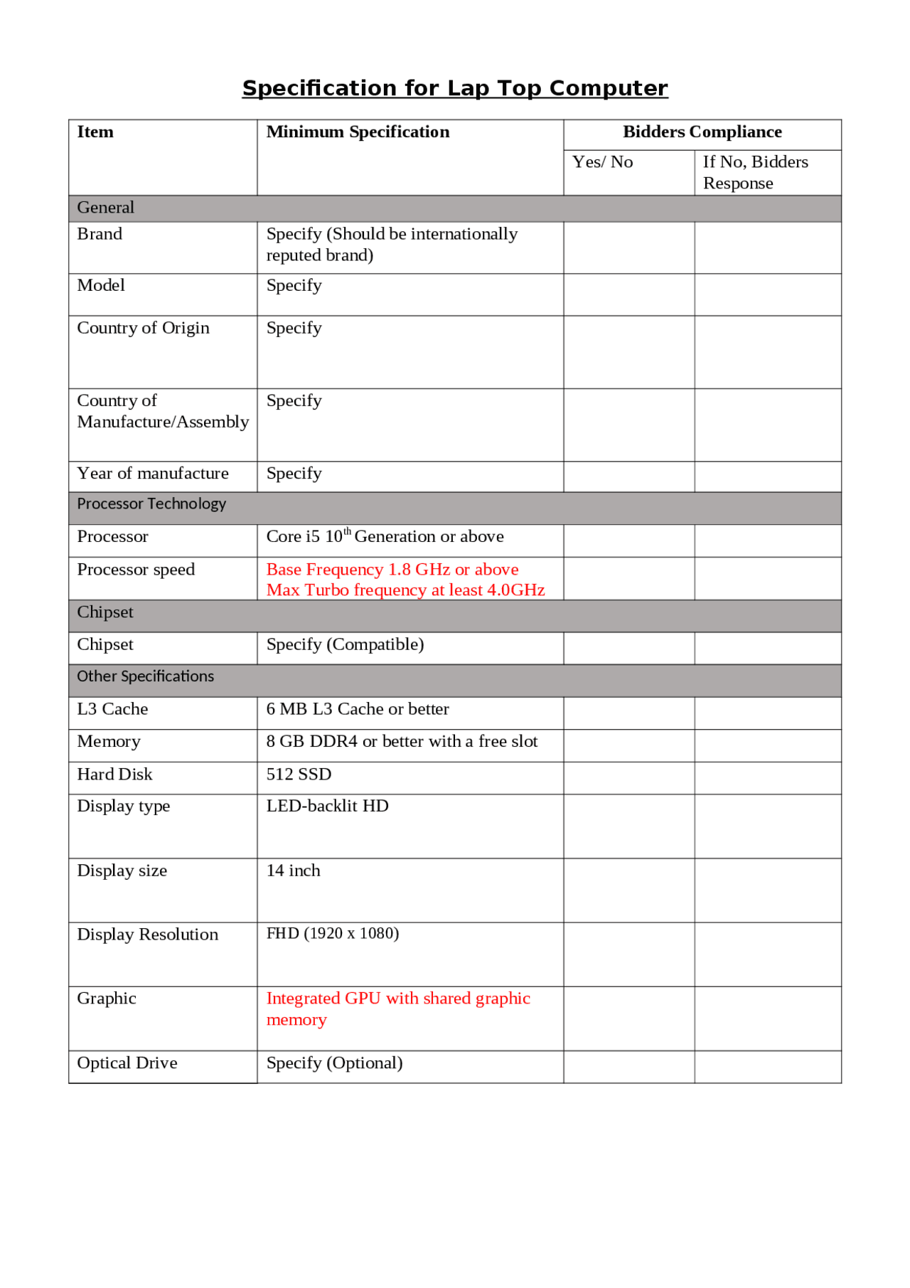 Specification for any Laptop - Docsity
