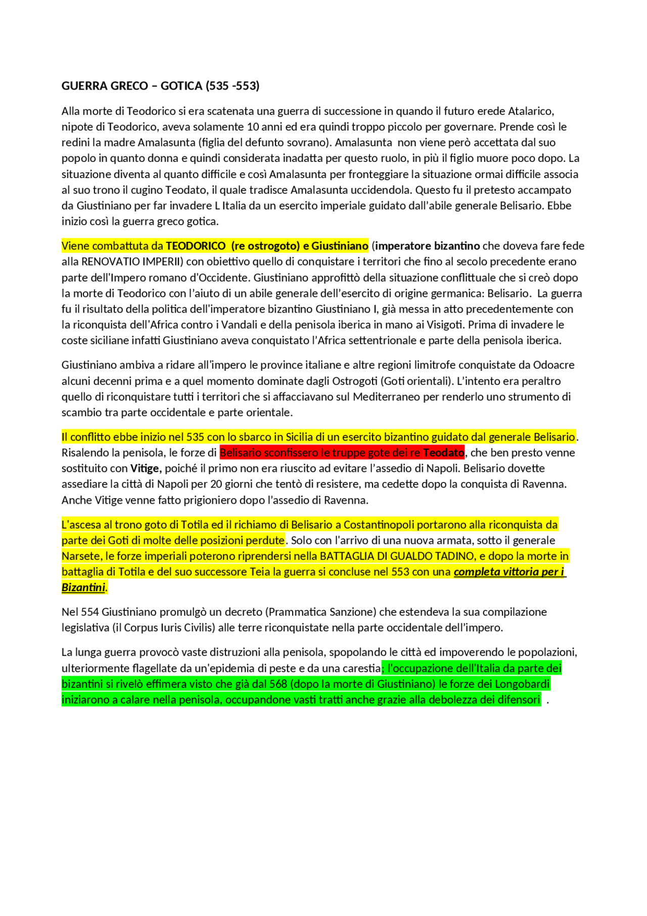 Guerra greco gotica (535 553) Appunti di Storia Medievale Docsity