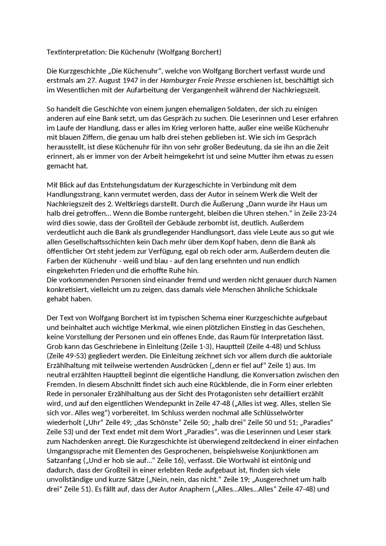 Textinterpretation Die Küchenuhr (Wolfgang Borchert) Übungen Deutsch Docsity Textinterpretation Die Küchenuhr (Wolfgang Borchert) Übungen Deutsch Docsity