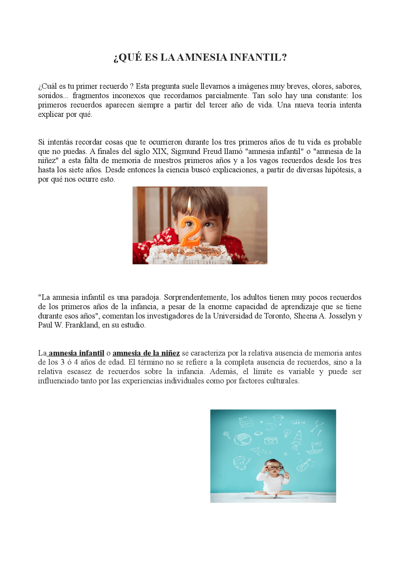 Amnesia Infatil AMNESIA INFANTIL educación - Docsity