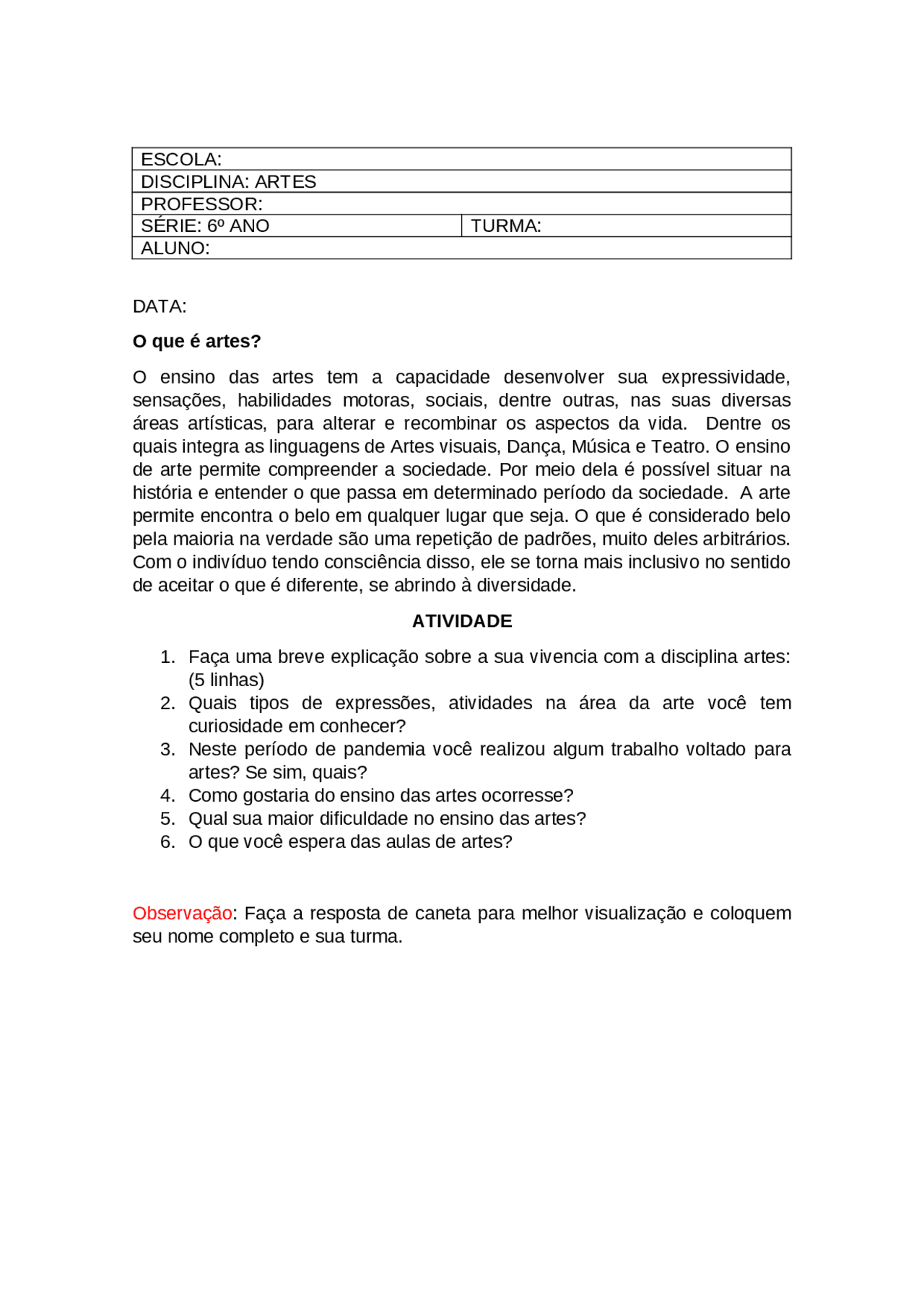 Atividade de Artes 6 Ano - Docsity