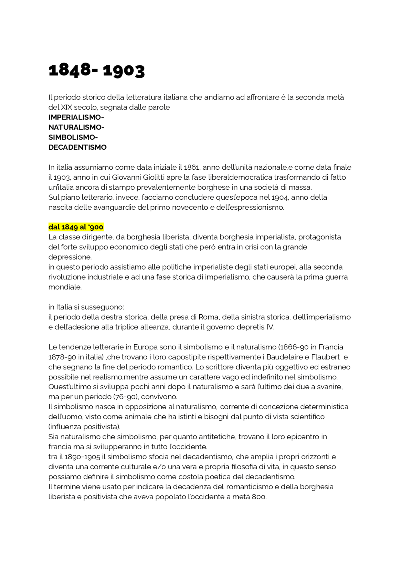 La letteratura di fine '800 Docsity