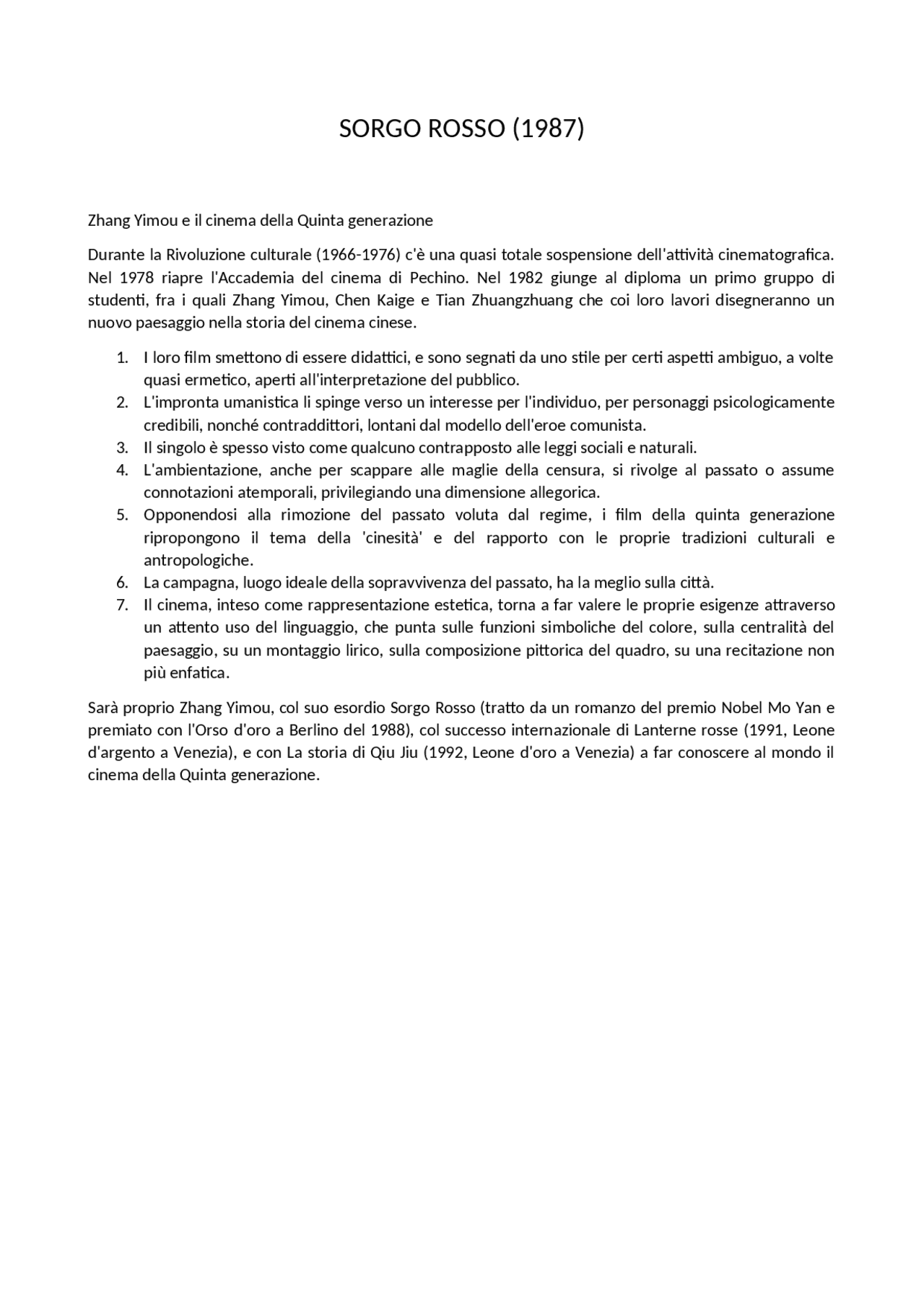 Punti fondamentali del film Rosso Storia del cinema A Mod. 2