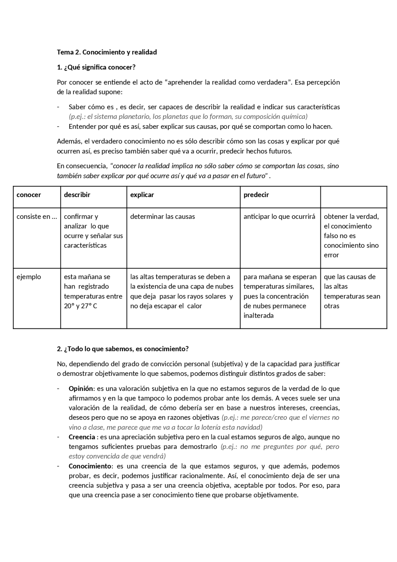 Tema 2. Conocimiento y realidad | Resúmenes de Filosofía | Docsity