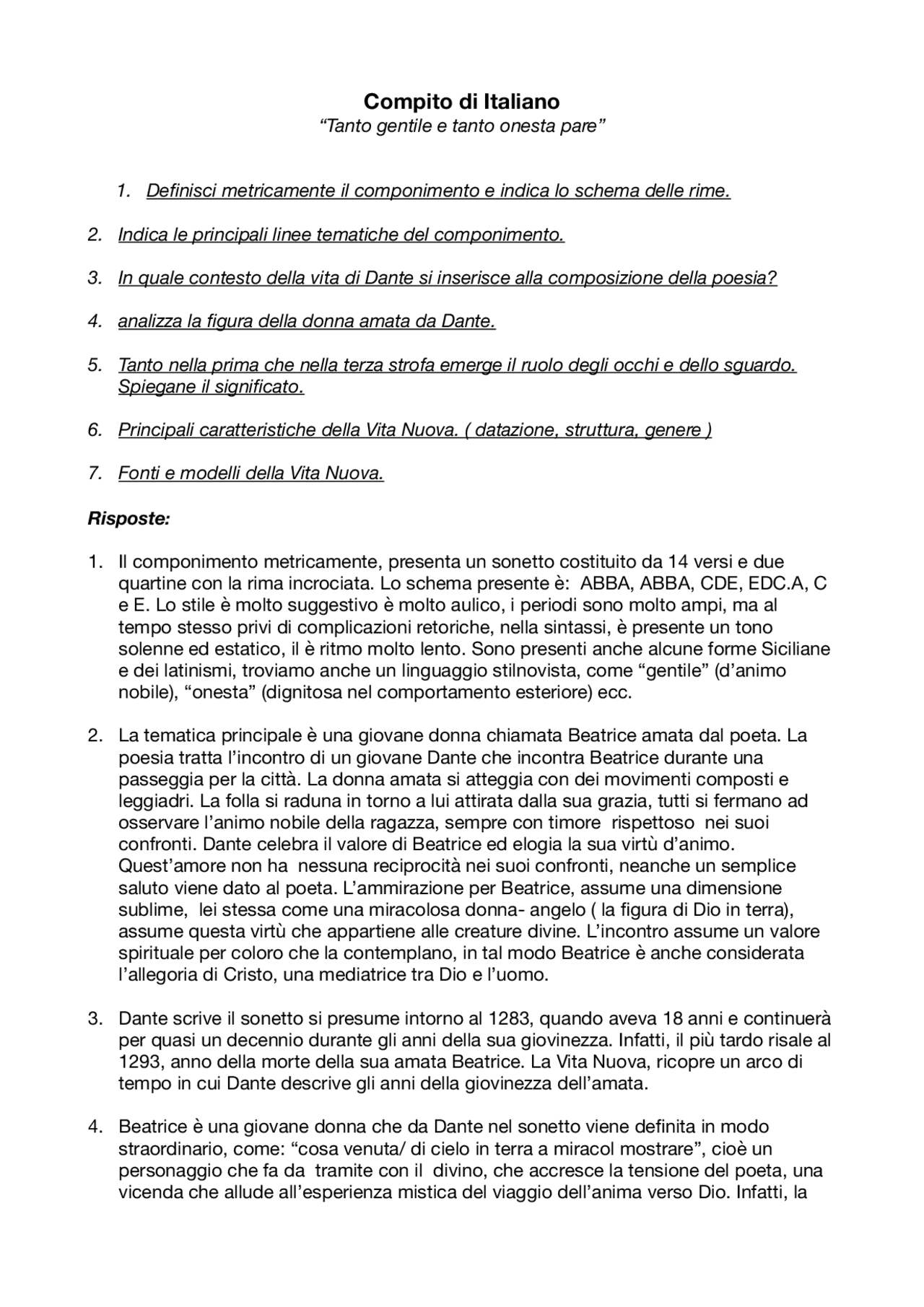 Tanto gentile e tanto onesta pare domande e risposte Docsity