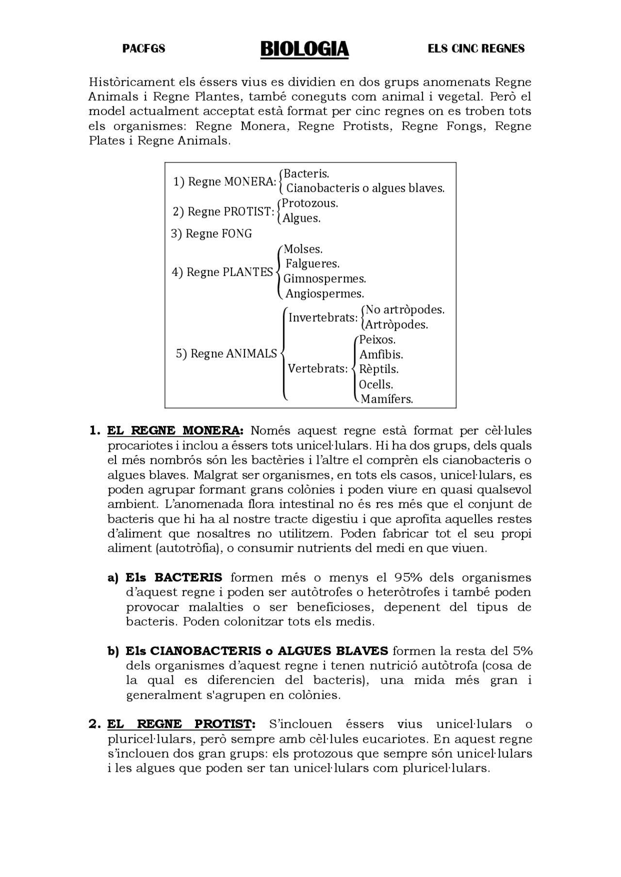 BIOLOGIA - TEMARIO 1- Els 5 REGNES | Apuntes de Biología | Docsity