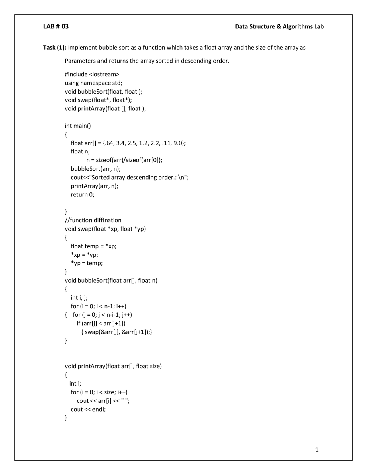 Data Structure and Algorithm Lab Task 03 - Docsity