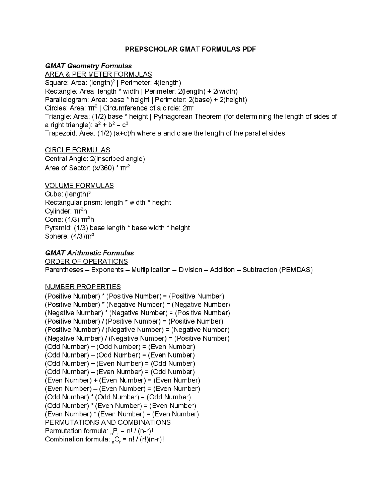 GMAT MATH FORMULAS FORMULAS | Cheat Sheet Mathematics | Docsity