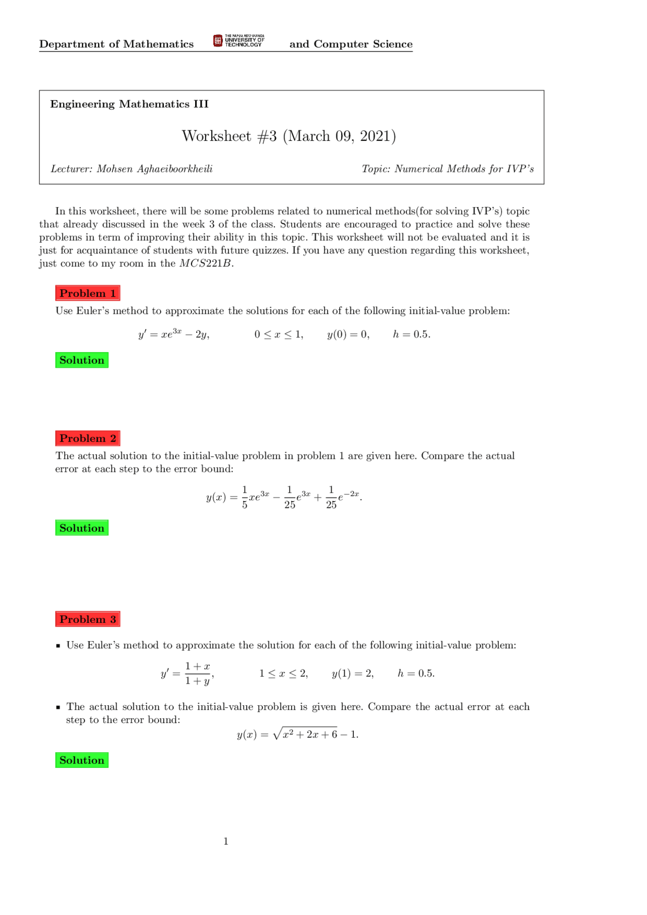 Worksheet Numerical Methods - Docsity