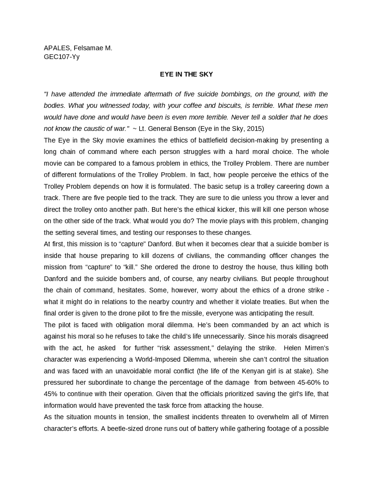 REFLECTION PAPER ON THE MOVIE EYE IN THE SKY | Assignments Ethics | Docsity