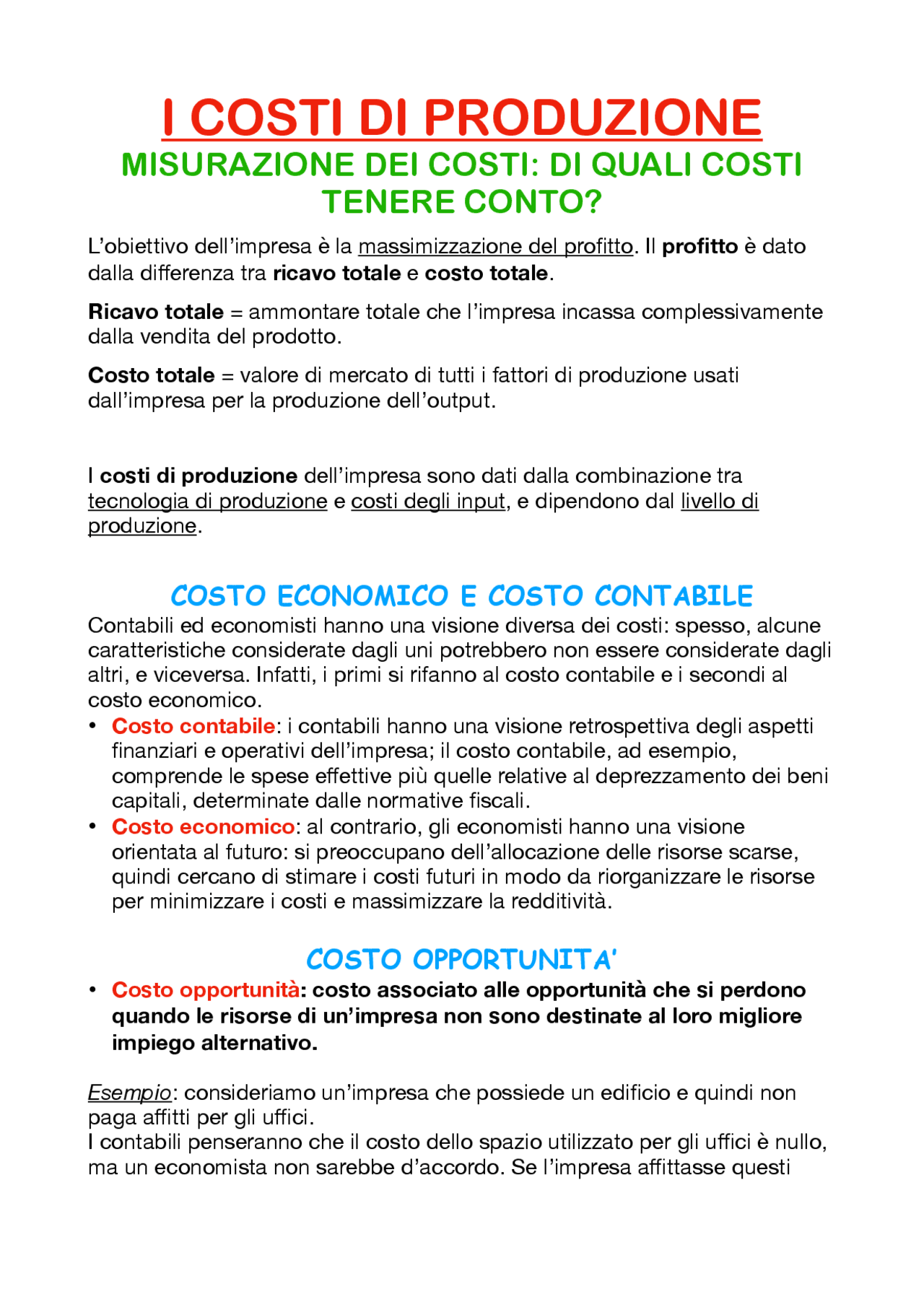 Capitolo 7 - I costi di produzione - Docsity