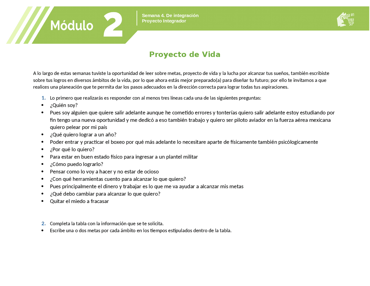 Proyecto De Vida Prepa En Linea Sep