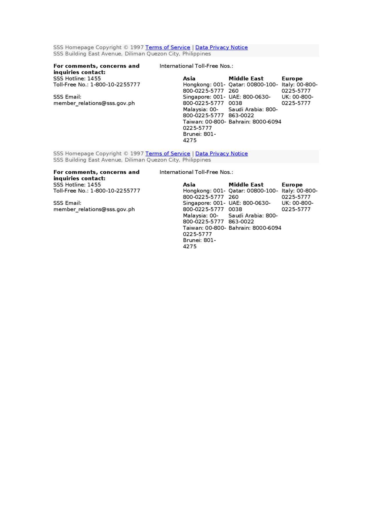 SSS Homepage Copyright © 1997 Terms of Service Data Privacy Notice SSS ...