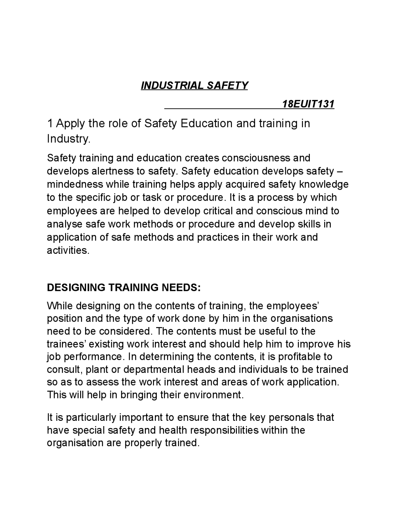 Industrial safety assignment | Assignments Industrial management | Docsity