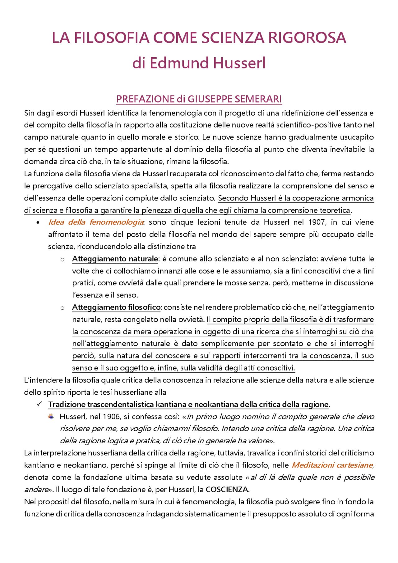 Riassunto La filosofia come scienza rigorosa (Edmund Husserl) Docsity