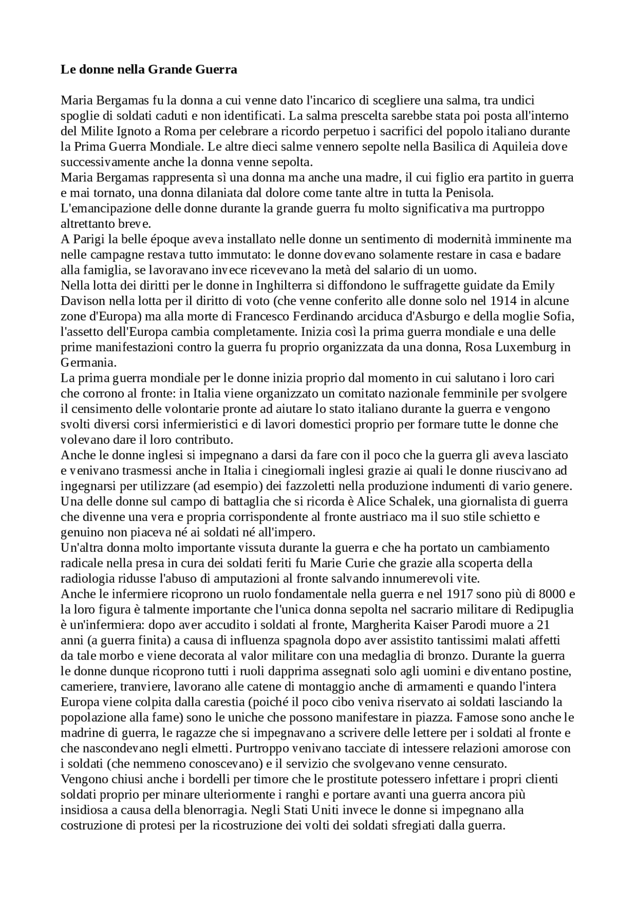 Le donne nella Grande Guerra - Docsity