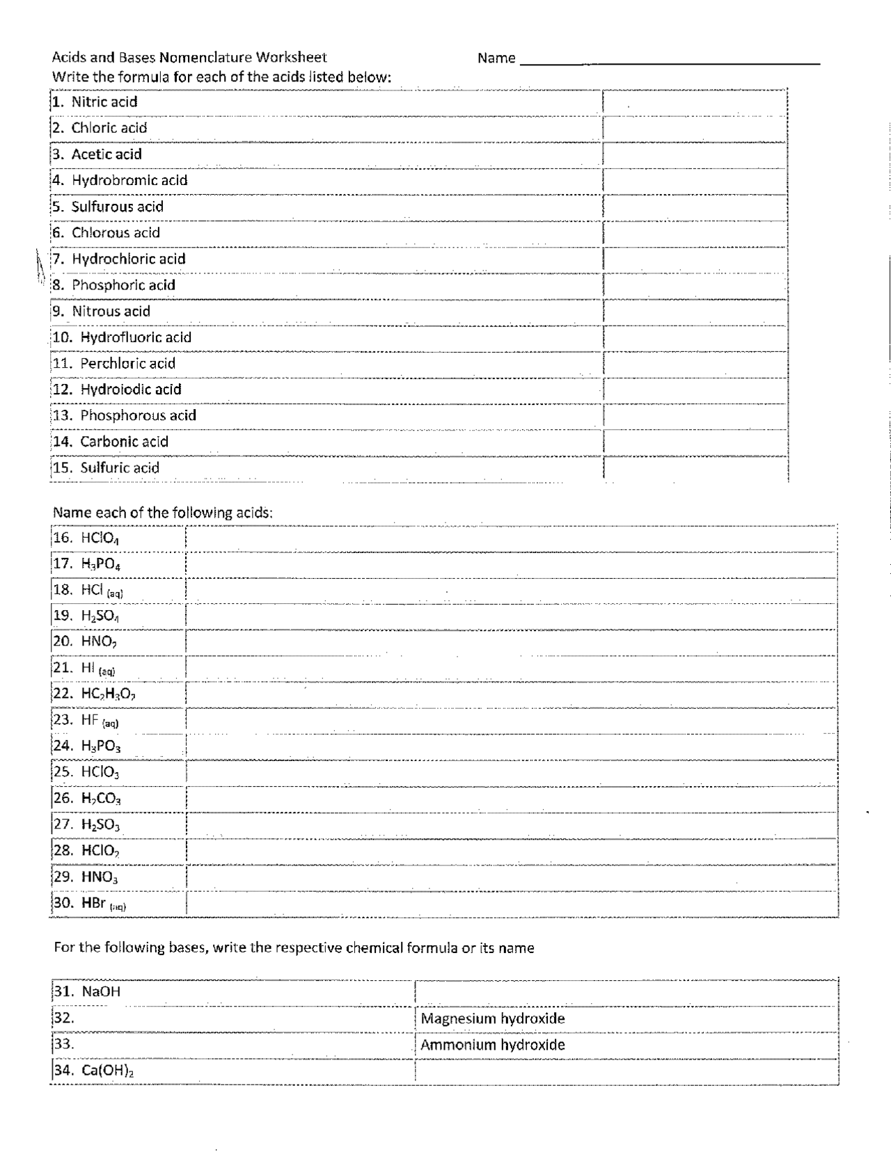 Acids and Bases Nomenclature Worksheet with Answer Key | Exercises  Chemistry | Docsity